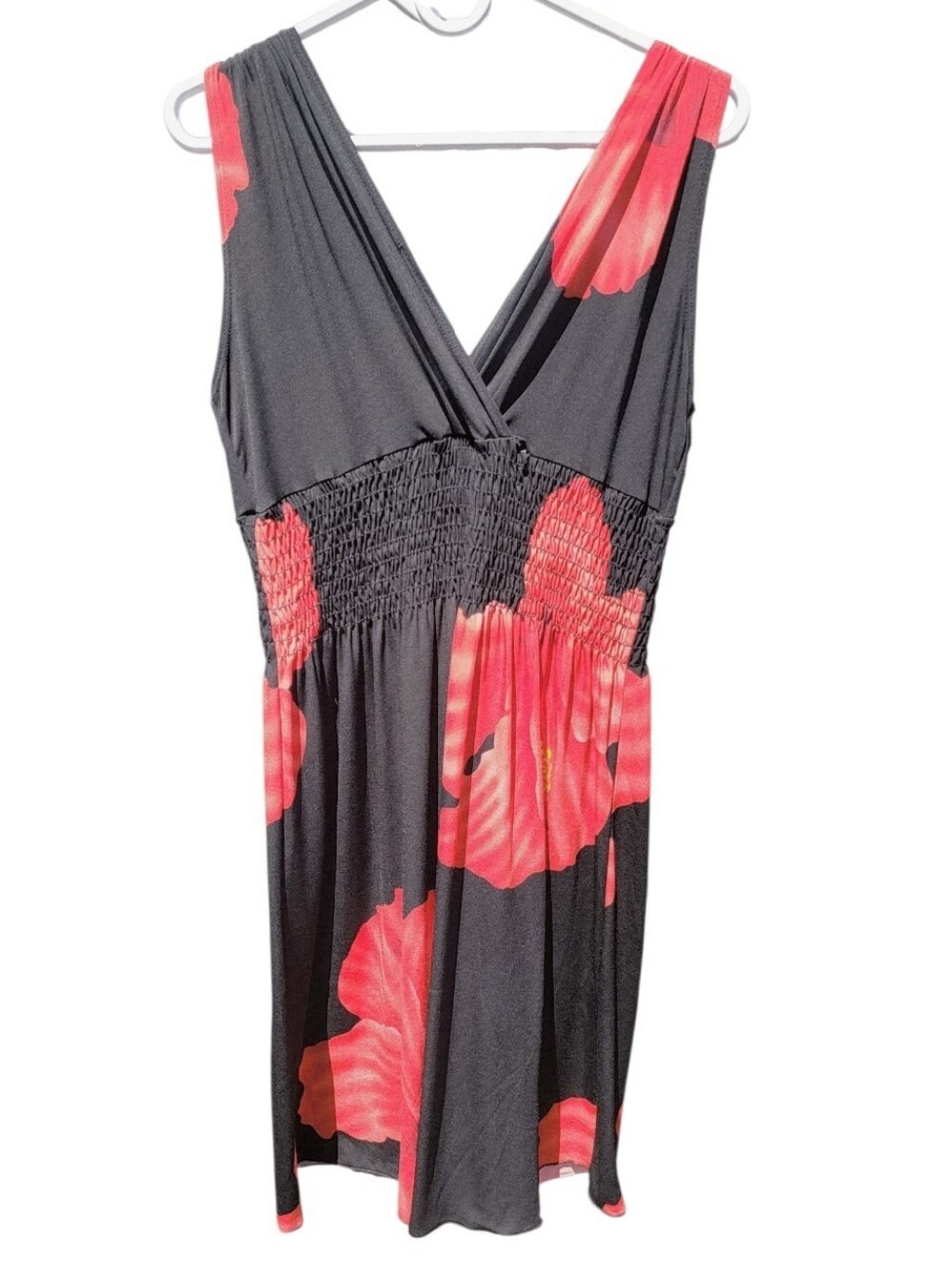 Black Midi Dress with Red Floral Print - Smocked Waist